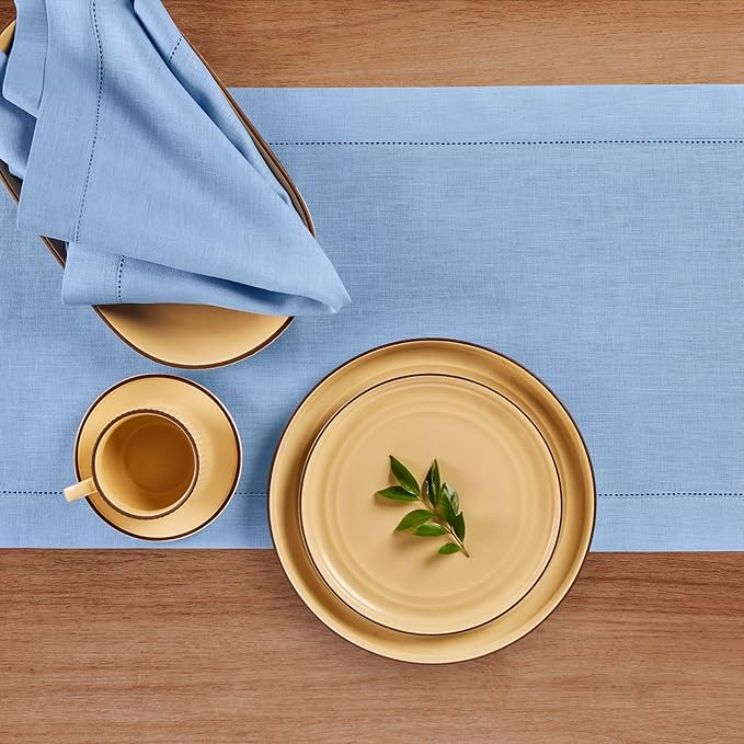 Solino Home Linen Cornflower Blue Hemstitch Table Runner 60 Inches - 100% Pure Linen Small Table Runner 14 x 60 Inch Ideal for Dresser and Coffee Tables - Classic Hemstitch - Christmas, Holiday