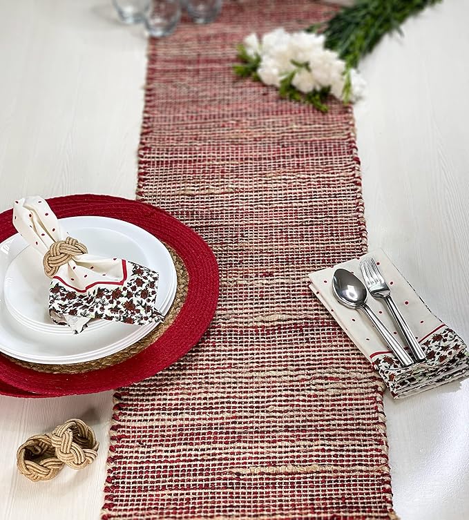 Chardin home Natural Jute Table Runner 13x108 Inch – Vintage Boho Rustic Table Decor – Handwoven Long Table Runner in Natural Jute and Red – Farmhouse Dining or Console Table Accent