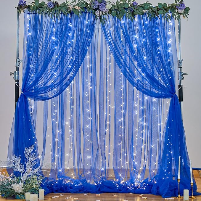 Royal Blue Backdrop Curtains with Lights String for Parites Wedding 10×8ft Sheer Tulle Backdrop Curtain for Graduation Ceremony Baby Shower Birthday Party Prom Photo Shoot Background Decorations