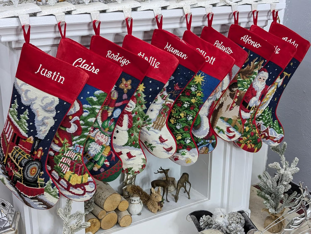 Santa on Chimney Needlepoint Christmas Stocking - Personalized Name Embroidery Family Holiday Keepsake Décor
