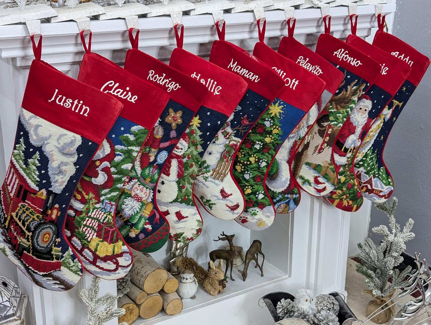 Santa on Chimney Needlepoint Christmas Stocking - Personalized Name Embroidery Family Holiday Keepsake Décor