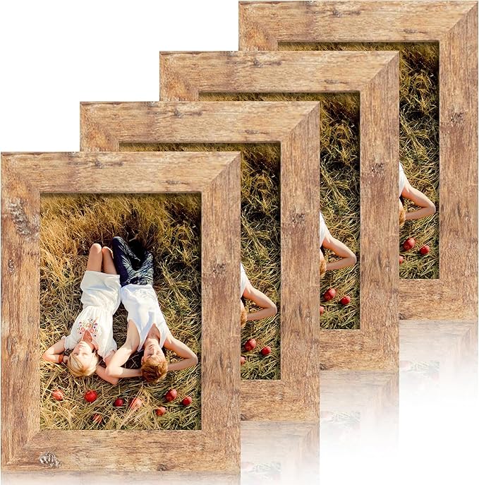 4x6 Picture Frame Set of 4, High Definition Real Glass Rustic Brown Frame, 4 x 6 Wood Photo Frames for Tabletop Display and Wall Mounting