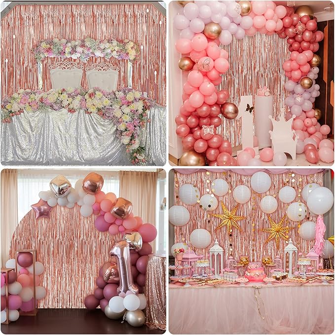 Crosize 4 Pack 3.3 x 9.9 ft Rose Gold Foil Fringe Backdrop Curtain, Streamer Backdrop Curtains, Streamers Birthday Party Decorations, Tinsel Curtain for Parties, Photo Booth Backdrops, Party Décor