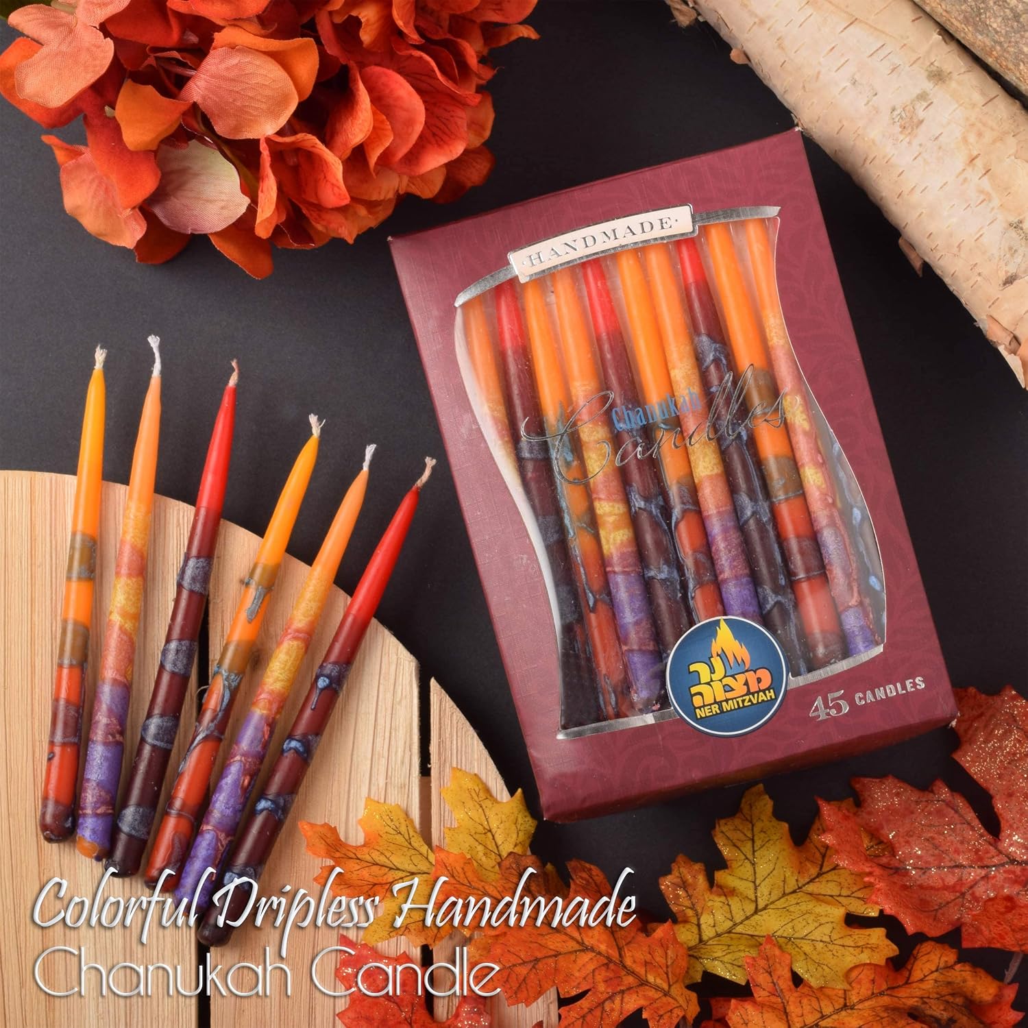 Ner Mitzvah Colorful Dripless Handmade Chanukah Candles - Standard Size Fits Most Menorahs - Premium Quality Wax - Assorted Colors - 45 Count for All 8 Nights of Hanukkah