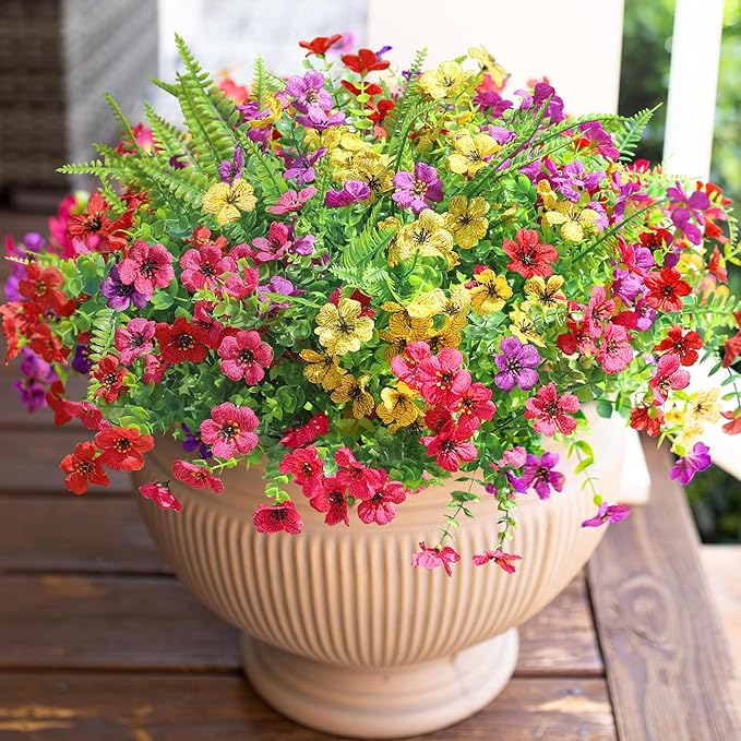 HyeFlora Artificial Faux Outdoor Flowers Plants for Summer Outside Decoration, 14 Bundles Fake Silk Colorful Daisy Ferns UV Resistant Realistic for Front Door Porch Planter Patio Yard