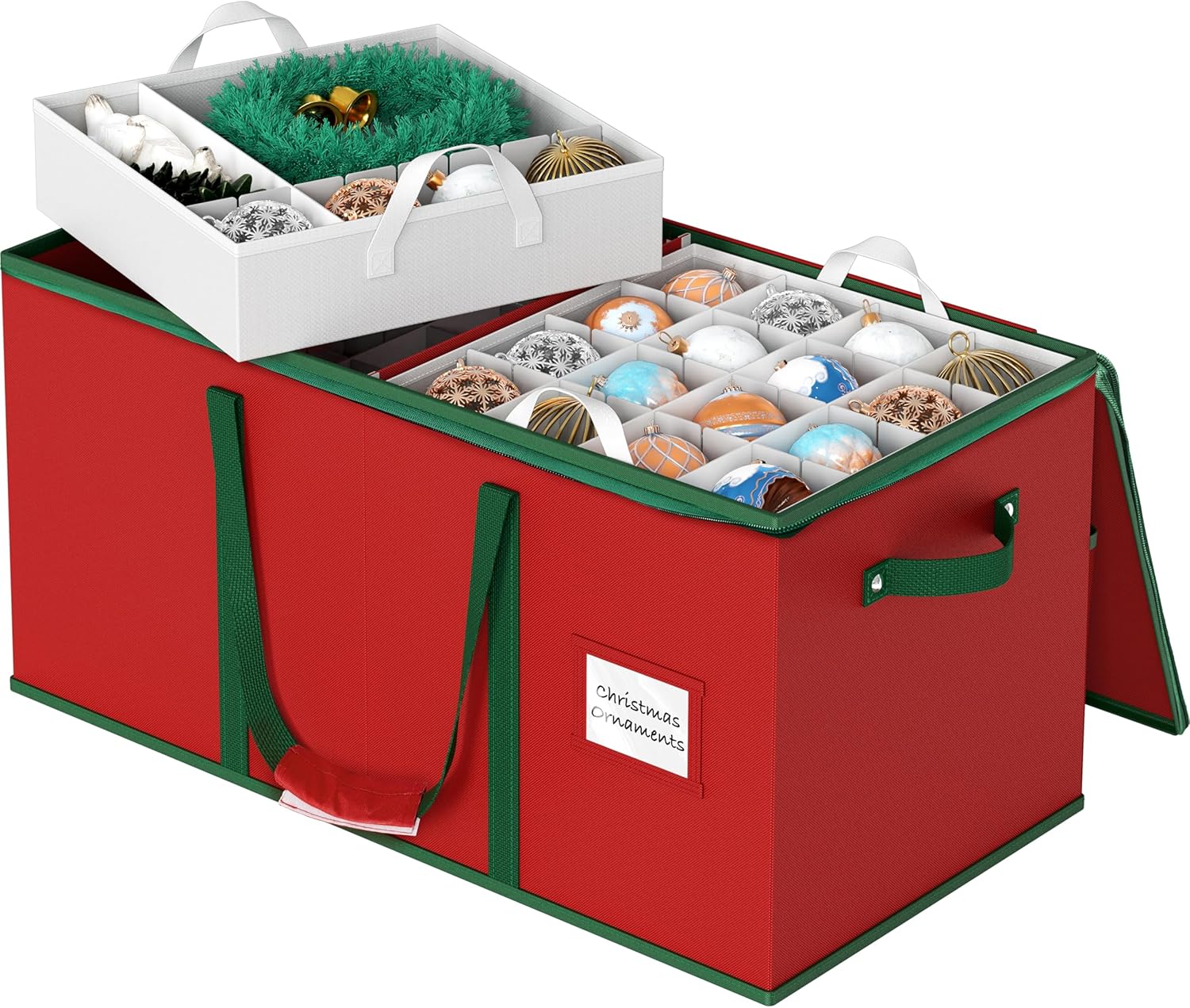 Simple Houseware Heavy-Duty Large Christmas Ornament Storage Box with Adjustable Dividers, Stores up to 128 Ornaments, Zipper Lid, Red