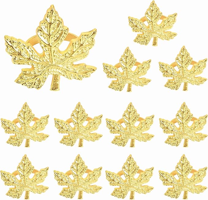 Elegant Handcrafted Leaf Napkin Rings - Set of 12 Premium Aluminum Holders for Dinner Parties, Weddings, Special Occasions & Everyday Dining (Gold) - CLEENTABLE