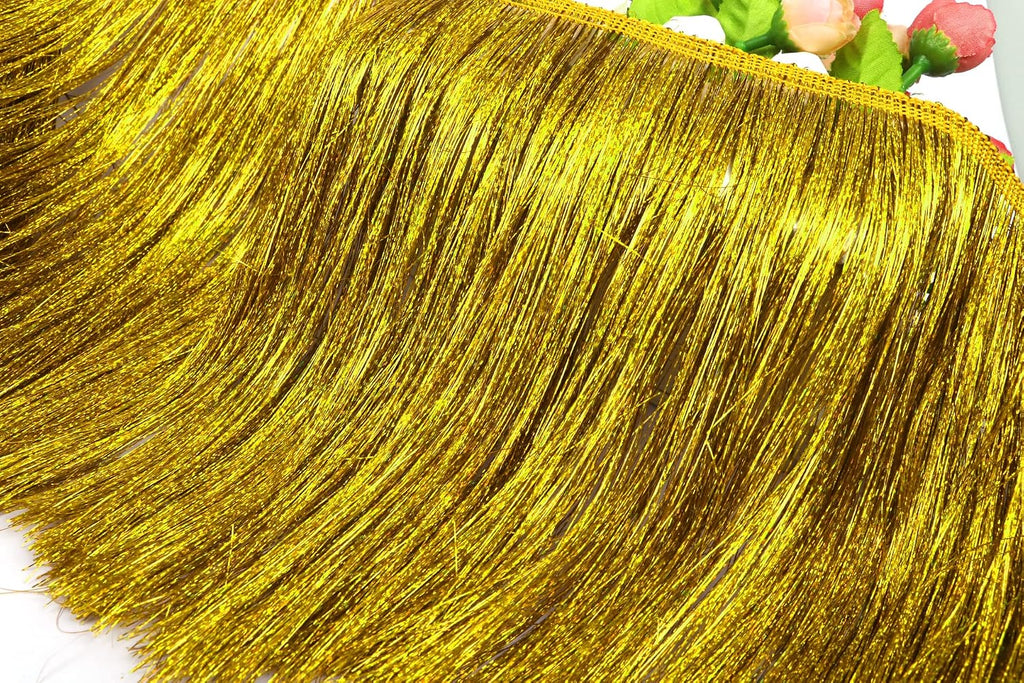 YYCRAFT 8' Wide Dance Costume Fringe Trimming - Shiny foil Effect Party Decor (5 Yards, Laser Gold)