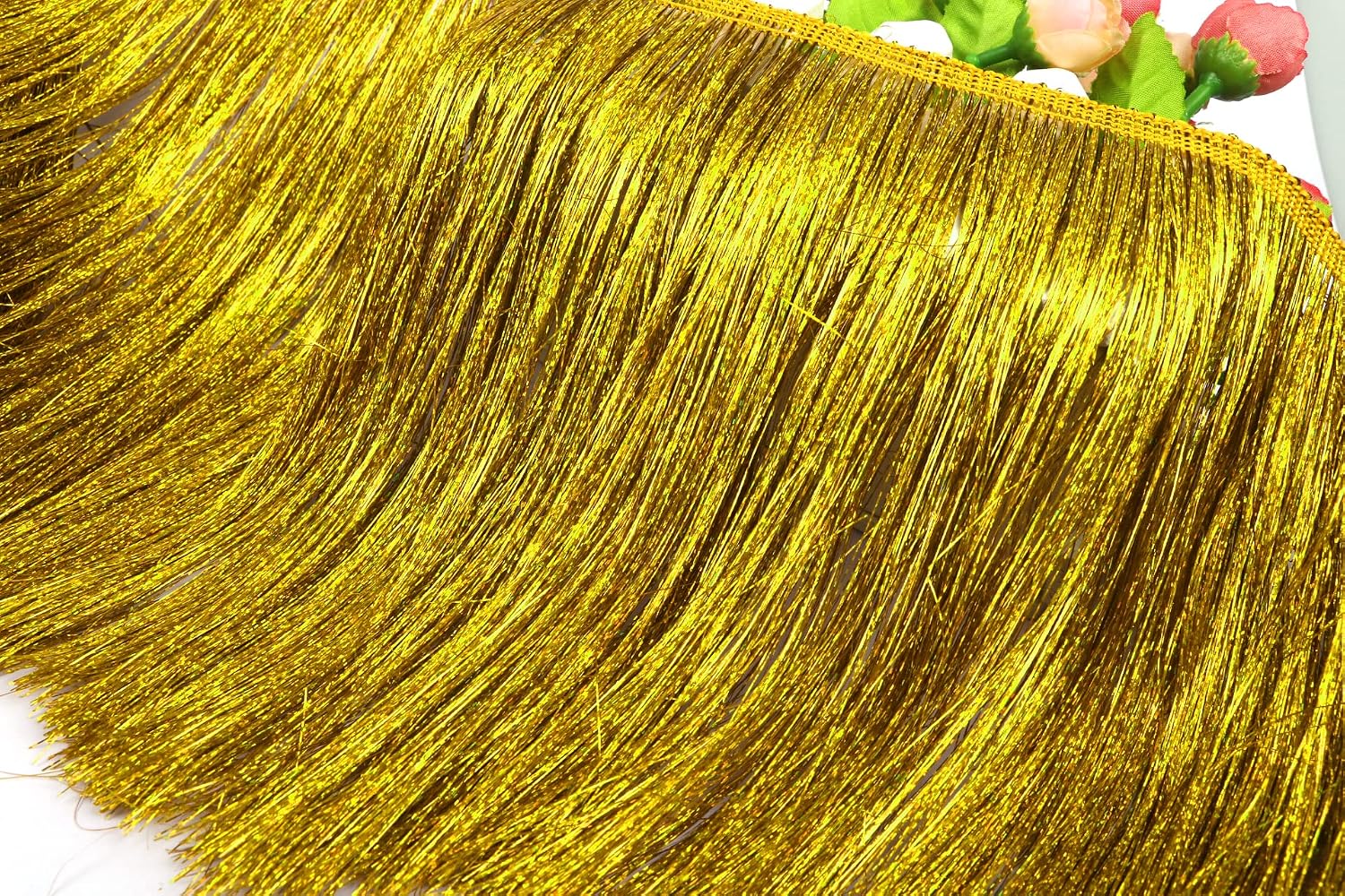 YYCRAFT 8' Wide Dance Costume Fringe Trimming - Shiny foil Effect Party Decor (5 Yards, Laser Gold)