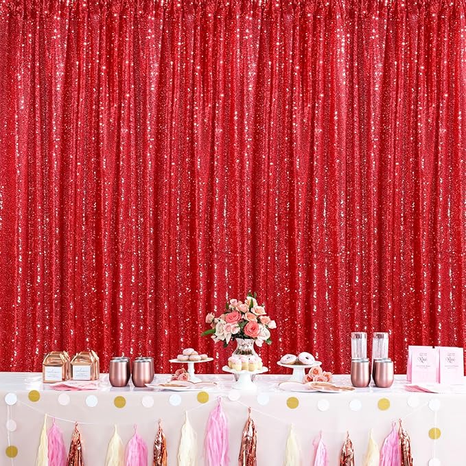 Red Curtains Birthday Sequin Backdrop, 3 Pack 2ft x 8ft Party Photography Background Drapes Christmas Decorations
