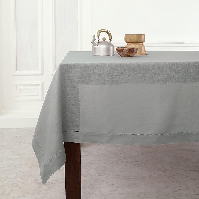 Solino Home Soft Grey Linen Tablecloth 60 x 120 Inch - 100% Pure Linen Hemstitch Table Cloth for Rectangle Tables - Classic Hemstitch, Machine Washable Tablecloth for Fall, Thanksgiving, Christmas