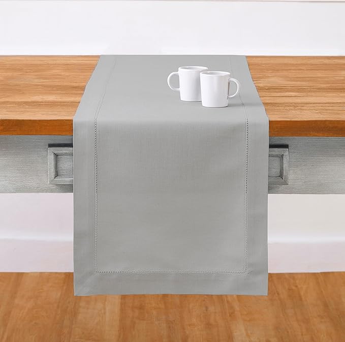 Solino Home Light Grey Table Runner 108 Inches Long - Cotton Linen Hemstitch 14 x 108 Inch Table Runner for Dining, Fall, Autumn, Thanksgiving, Holiday
