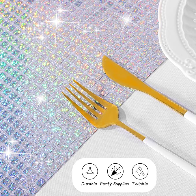 Durony 2 Pack Disco Table Runner 11 x 108 Inch Mirror Silver Laser Glitter Foil Cover With Sparkle Sequin for Bachelorette, 70s, Cowgirl Party Decorations