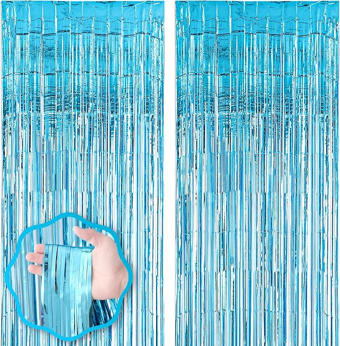 2 Pack 3.3x8.2 Feet Light Blue Foil Fringe Backdrop Curtains, Tinsel Streamers Birthday Party Decorations, Fringe Backdrop for Graduation, Baby Shower, Gender Reveal, Disco Party
