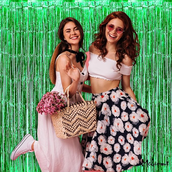 4 Pack Green Fringe Curtain Backdrop, 3.2Ft x 6.6Ft Metallic Tinsel Foil Fringe Streamers Background for Photo Booth Birthday Wedding Baby Shower Carnival Easter Mother’s Day Party Decorations