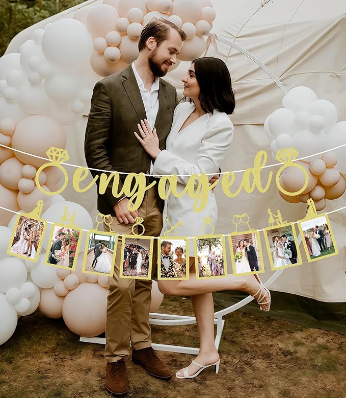 Pre-Strung Engaged Photo Banner - Gold Glitter Engagement Party Decoration Supplies with Romantic Memories Picture Card Frames for Bachelorette, Bridal Shower, Wedding Party Photo Booth Props