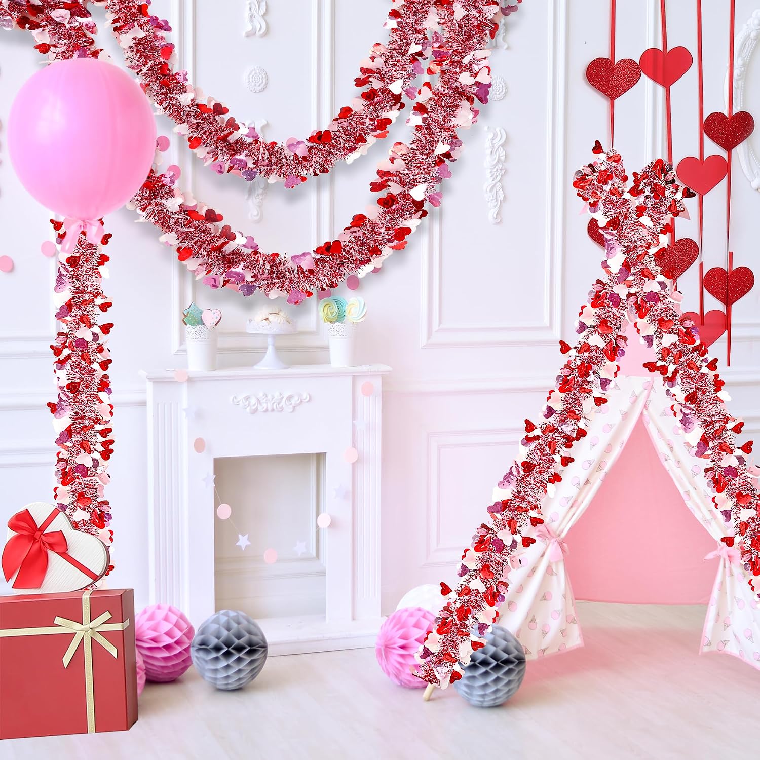 Sggvecsy 49.2Ft Valentine’s Day Heart Tinsel Garland Pink Red White Metallic Twist Garland Shining Ceiling Hanging Decorations for Valentine’s Day Party Anniversary Birthday Holiday Indoor Supplies