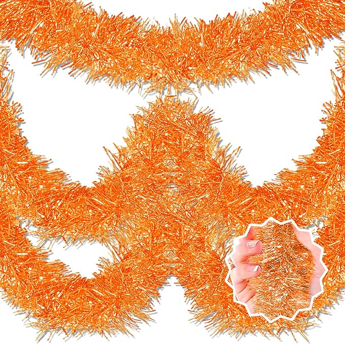 25 Feet Macaron Orange Christmas Tinsel Garland, Metallic Foil Twist Banner Wall Hanging Tinsel Streamers Backdrop for Parade Floats, Christmas, Mother's Day, Birthday Party Decorations(4in x 25ft)