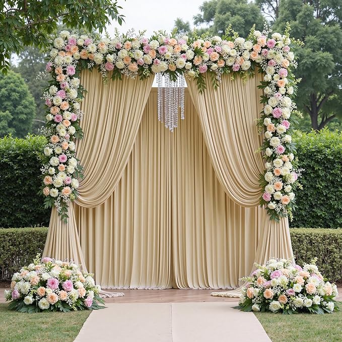 leegleri 40ftx12ft Wrinkle Free Beige Backdrop Curtain, 8 Panels 12FT Height Beige Wedding Backdrop Drapes, Silky Polyester Back Drop Cloth for Birthday Photography Background Party Backdrop Draping