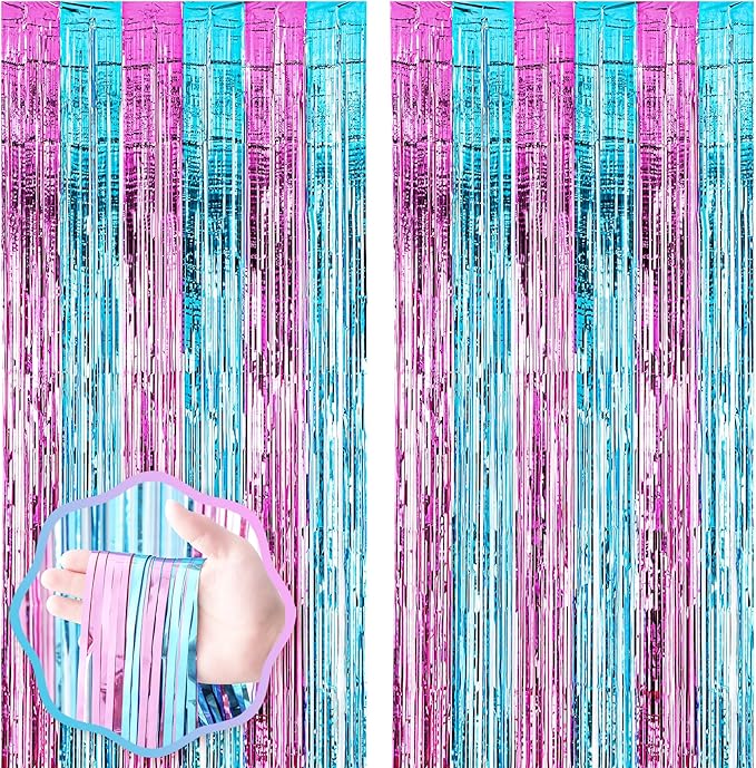 2 Pack 3.3x8.2 Feet Blue and Pink Foil Fringe Backdrop Curtains, Tinsel Streamers Birthday Party Decorations, Fringe Backdrop for Graduation, Baby Shower, Gender Reveal, Disco Party