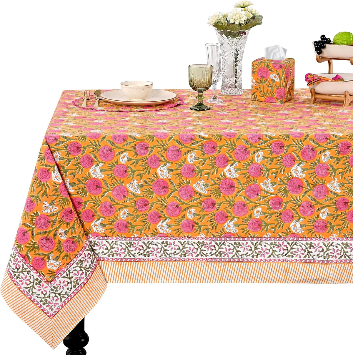 Ridhi Bubblegum Pink Hand Block Print Square Tablecloth 60x60 Inch