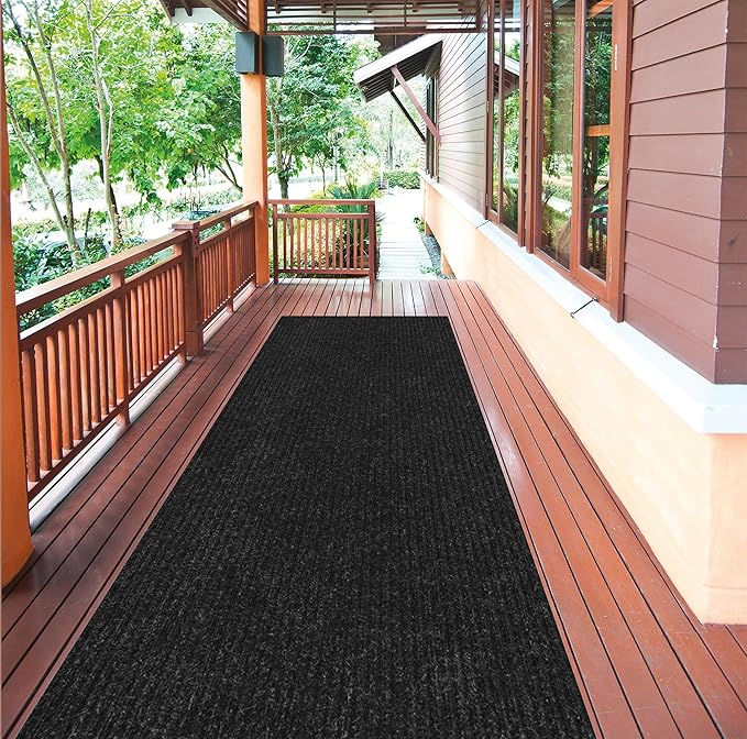 Ottomanson 2' x 25' Hallway Runner with Scraper Pile Extra Durable Non-Slip Rug Mat for Indoor & Outdoor Use - Ideal for Kitchen, Entryway, Patio & Garage - High-Traffic Carpet, Black