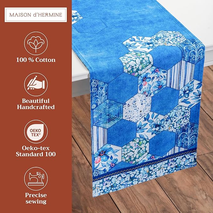 Maison d' Hermine Table Runner 100% Cotton Double Layer Table Runners 108 inches Long Decorative for Home Kitchen Dining Party Wedding Bridal Shower Spring Summer (Summer Blues, 14.50" x 108")