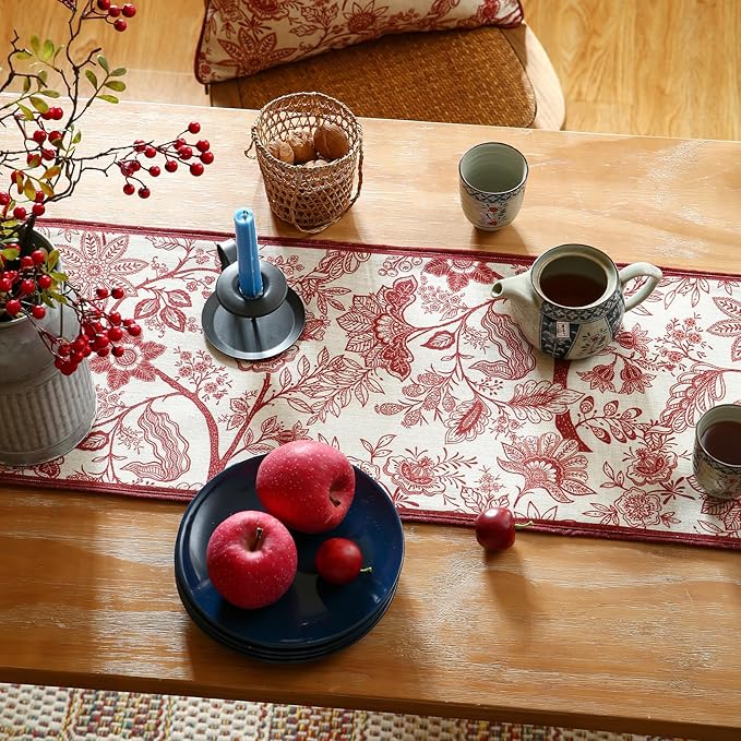 ISAENNE Designer Chinoiserie Elegant Linen Table Runner 71 Inches Long,Red Floral Pattern Decor Table Runners for Thanksgiving,Dining Room,Banquet,Kitchen Tables,Christmas,12"*71"-Ruyi A