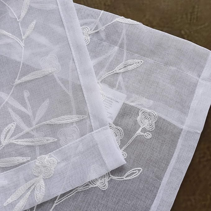 White Sheer Curtains Embroidery 63 Inch Length Rod Pocket Voile Drapes for Living room, Bedroom, Window Treatments Semi Flower Pattern Curtain Panels for Kitchen, Yard, Farmhouse, Set of 2, 52"x 63".