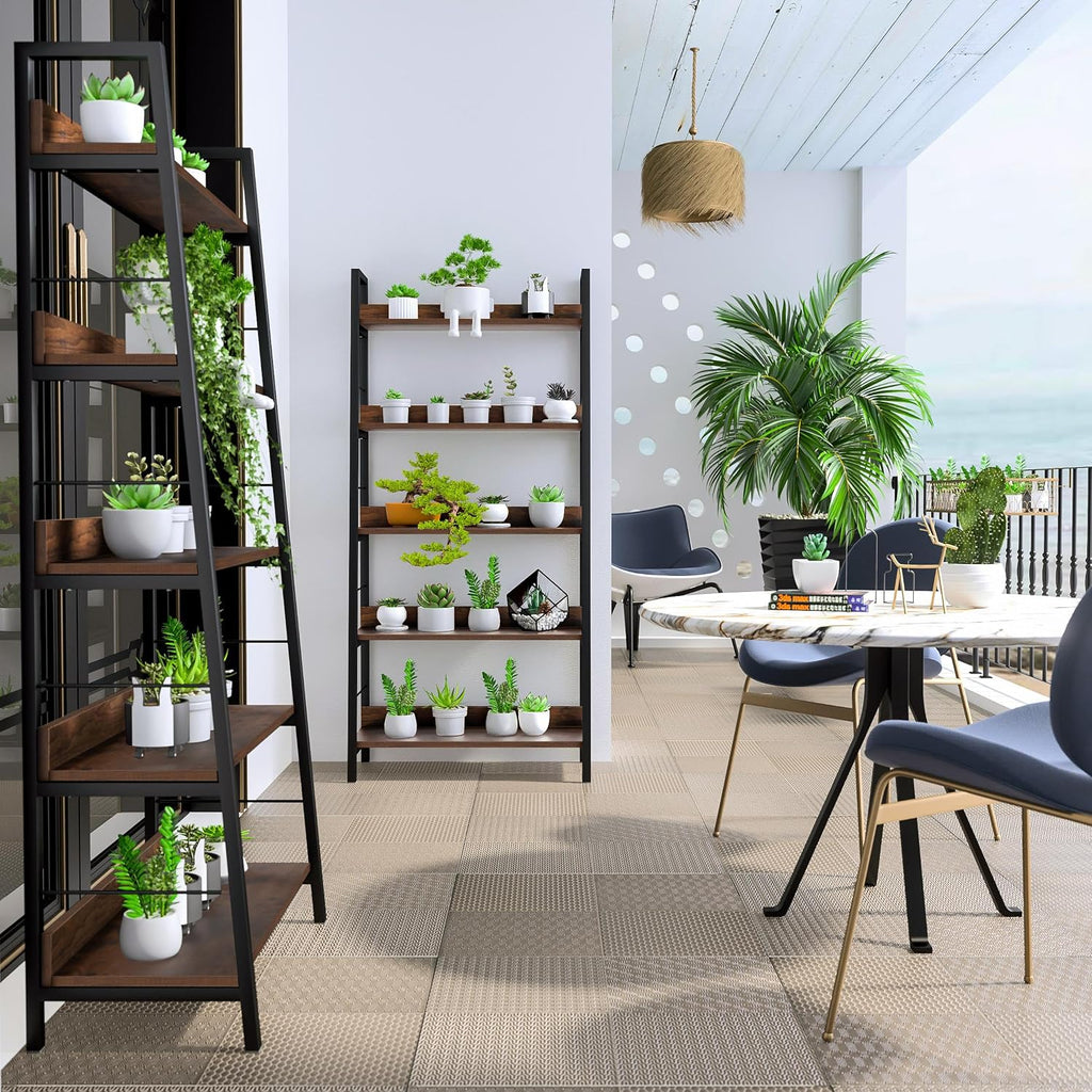 industrial bookshelf,ladder shelf 5 tier large bookcases floor, front angle view