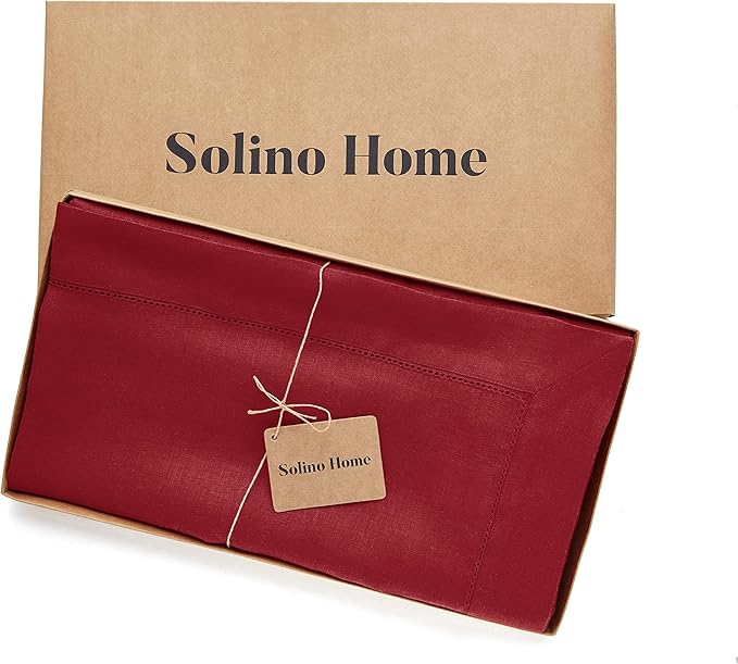 Solino Home Red Linen Tablecloth 60 x 132 Inch - 100% Pure Linen Hemstitch Table Cloth for Rectangle Tables - Classic Hemstitch, Machine Washable Tablecloth for Christmas