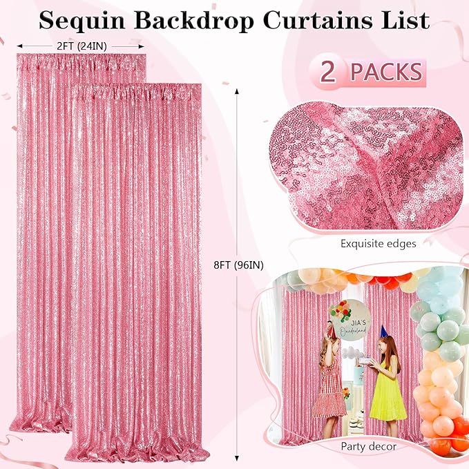Blush Pink Sequin Backdrop 2 Panels 2FTx8FT Glitter Backdrop Curtain for Baby Shower Wedding Party Decorations