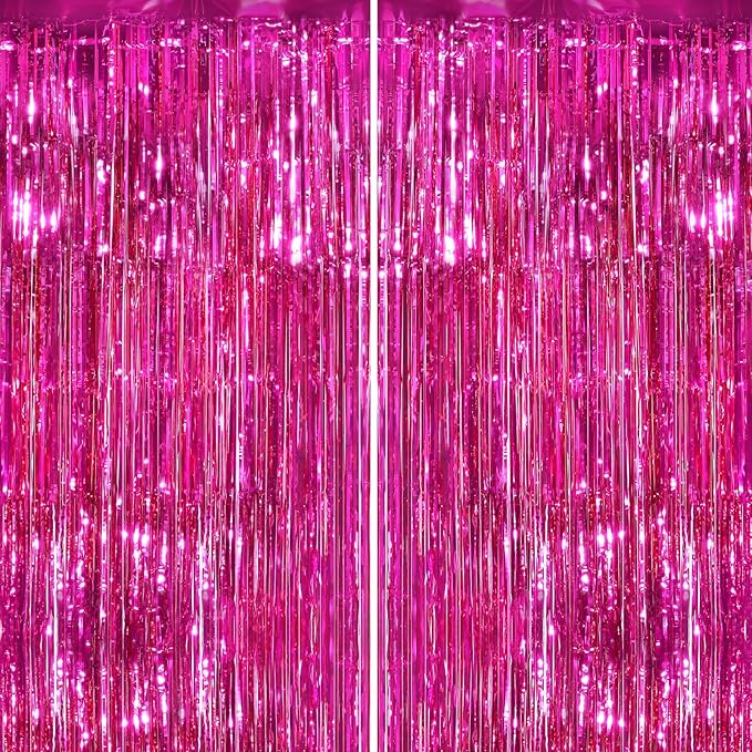 2Pack Hot Pink Metallic Tinsel Foil Fringe Curtains Backdrop for Pink Party Birthday Wedding Bachelorette Baby Shower Holiday Party Decorations Photo Booth Props, Bachelorette Christmas Party Decors
