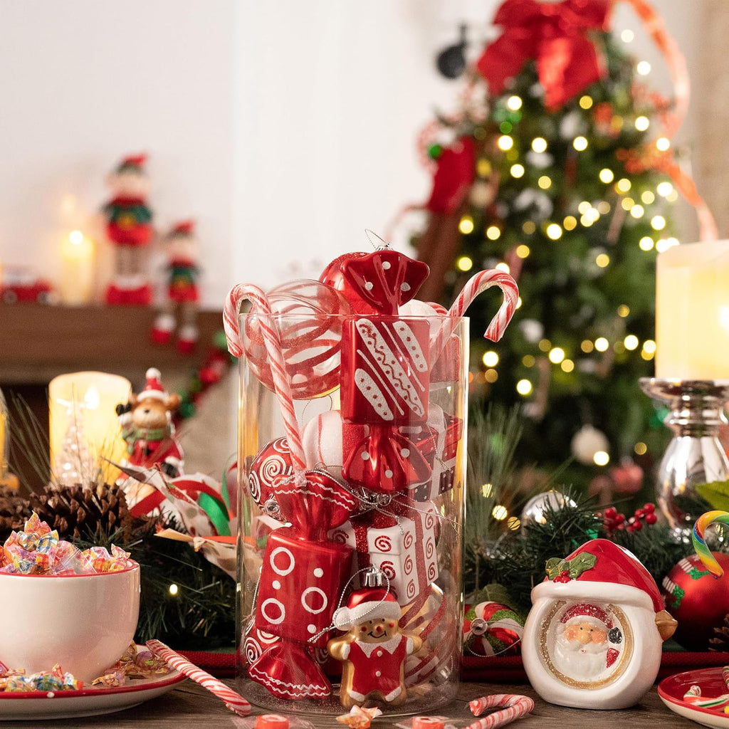 Valery Madelyn Christmas Ornaments Set, 120ct Candy Cane Red and White Shatterproof Christmas Tree Decorations Set, Variety Decorative Hanging Ball Ornaments Bulk for Xmas Holiday Party Decor