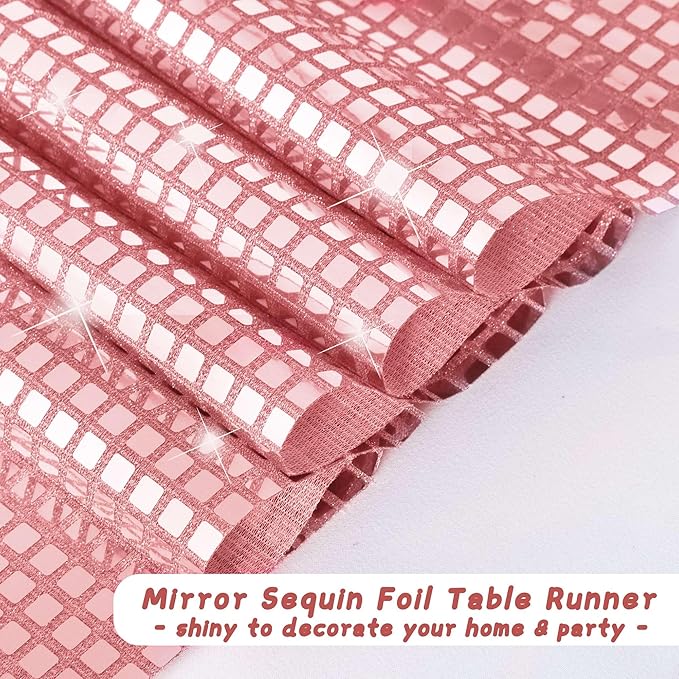 Durony 2 Pack Disco Table Runner 11 x 108 Inch Mirror Rose Gold Glitter Foil With Sparkle Sequin for Bachelorette, 70s, Cowgirl Party Decorations