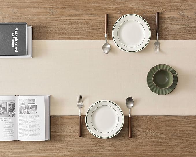 ZeeMart Linen Textured Border Table Runner, 14 x 72 Inch Cream, Farmhouse Style Cream Table Runners 72 Inches Long, Easy Care Everyday Polyester Table Runner