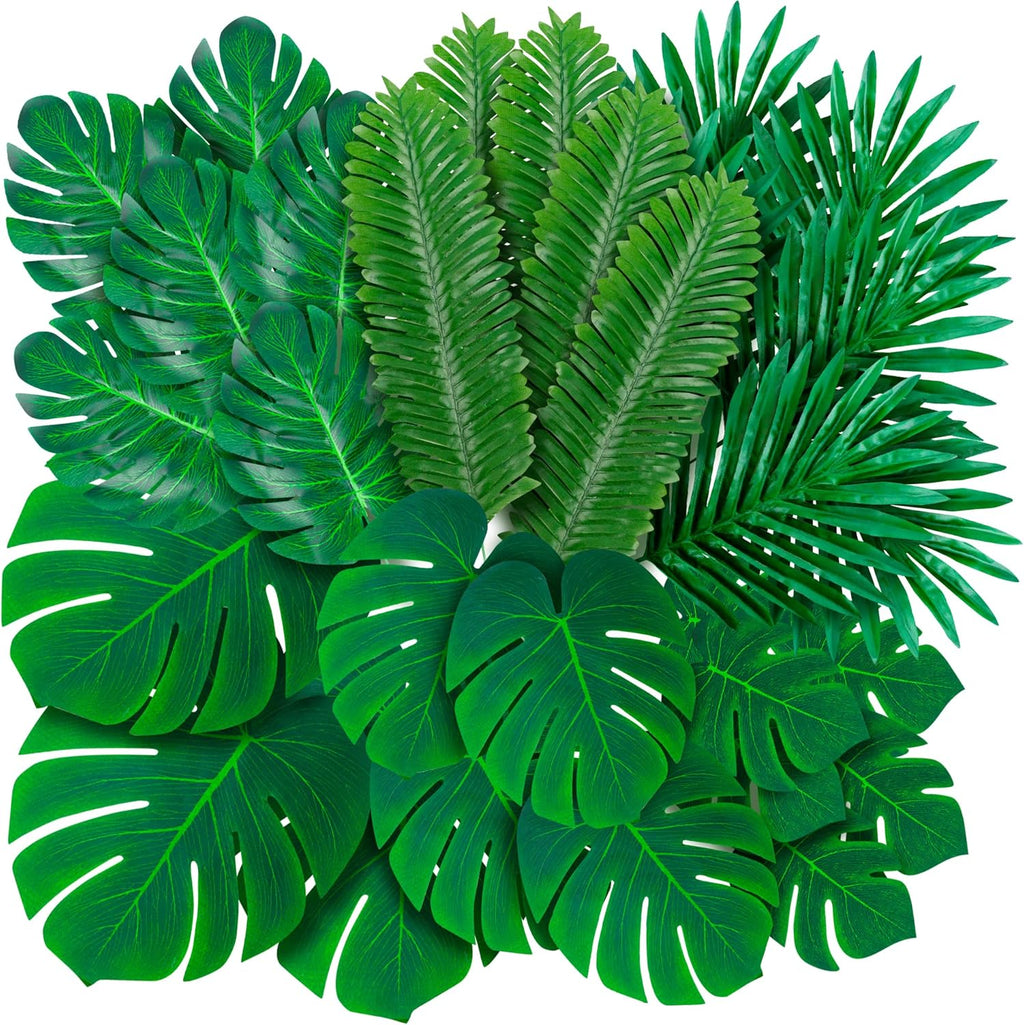 108 Pack Palm Leaves Artificial Tropical Monstera - 6 Kinds Large Small Green Fake Palm Leaf with Stems for Safari Jungle Hawaiian Luau Party Table Decoration Wedding Birthday Theme Party Decorations