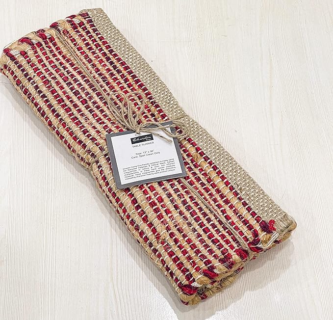 Chardin home Natural Jute Table Runner 13x36 Inch – Vintage Boho Rustic Table Decor – Handwoven Table Runner in Natural Jute and Red – Farmhouse Dining or Console Table Accent