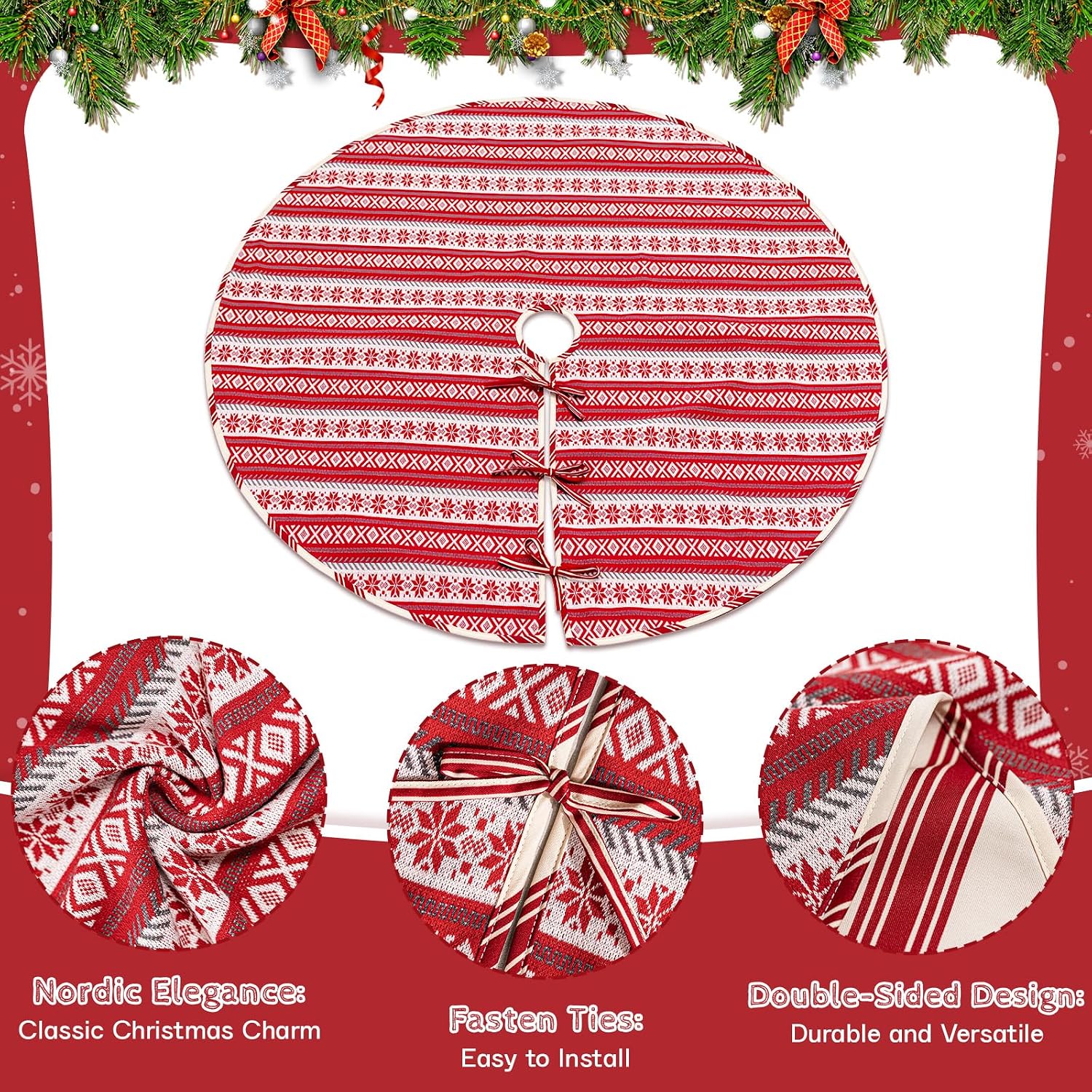 Christmas Tree Skirts 36 inches Knitted Snowflake Tree Skirt for Christmas Tree, Red Xmas Tree Skirt for Christmas Holiday House Decor Nordic Elegance