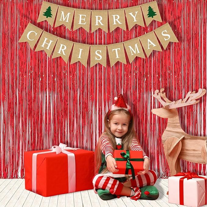 Foil Fringe Curtain Christmas Party Decorations - Red Metallic Tinsel Photo Booth Backdrop Party Steamers Curtains for Christmas New Years Valentines Engagement Celebration Party