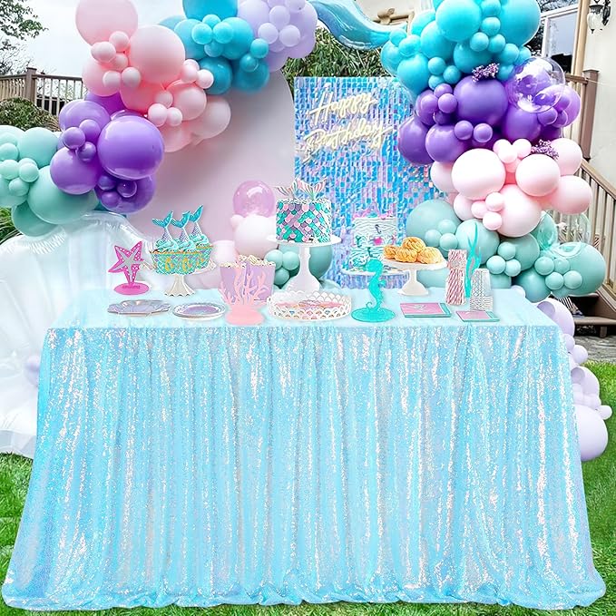Glitter Blue Tablecloth 50x80 Inch Iridescent for Anniversary Birthday Baptism Mermaid Ocean Theme