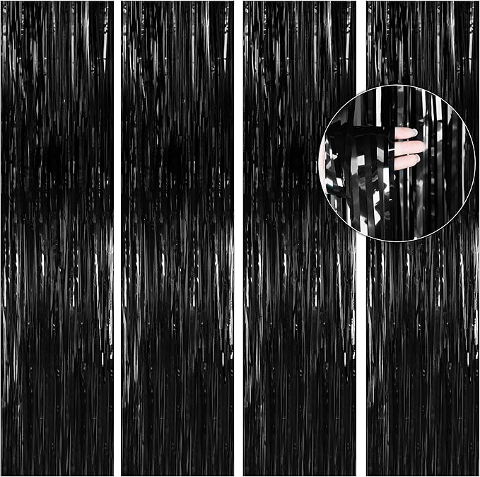 BTSD-home 4 Pack Black Foil Fringe Curtain Backdrop Metallic Photo Booth Backdrop Tinsel Curtains for Bachelorette Birthday Bridal Shower Party Decorations(3ft x 8ft)