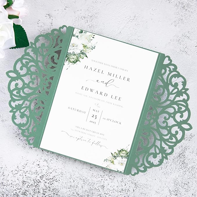 20Pcs Sage Green Laser Cut Invitation Cards With Blank Inner Sheets for Wedding Cards Bridal Shower Engagement Quinceanera Invitation (No Envelopes)