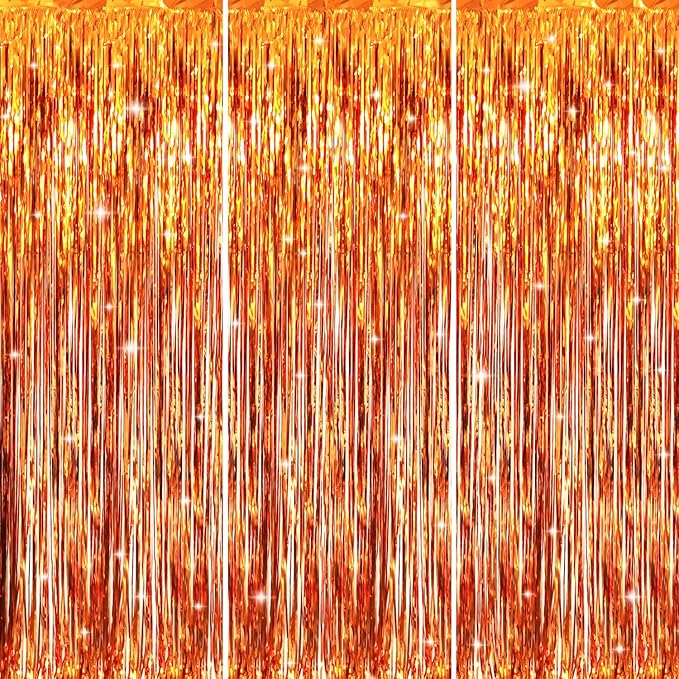 GOER 3.2 ft x 8.2 ft Metallic Tinsel Foil Fringe Curtains Party Photo Backdrop Party Streamers for Birthday,Graduation,New Year Eve Decorations Wedding Decor (3 Packs,Orange)