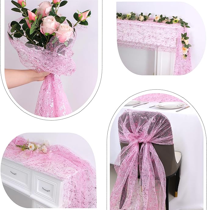 Snowkingdom 10 FT Pink Table Runner, Sequin Glitter Sheer Chiffon Gauze Cheesecloth Pastel Runner 120 Inch , Pink Party Table Decoration for Birthday Wedding Bridal Baby Shower Spring Summer Holiday