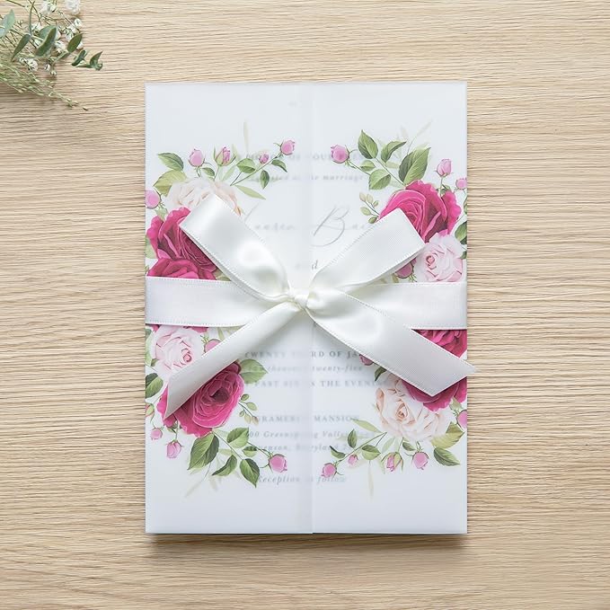 PONATIA 50PCS Vellum Jackets for 5x7 Invitation Cards- 135GSM Fuchsia Flowers Vellum Sleeves Paper 5x7 Jackets - Wedding Invitations Wraps - Transparent Card Jacket
