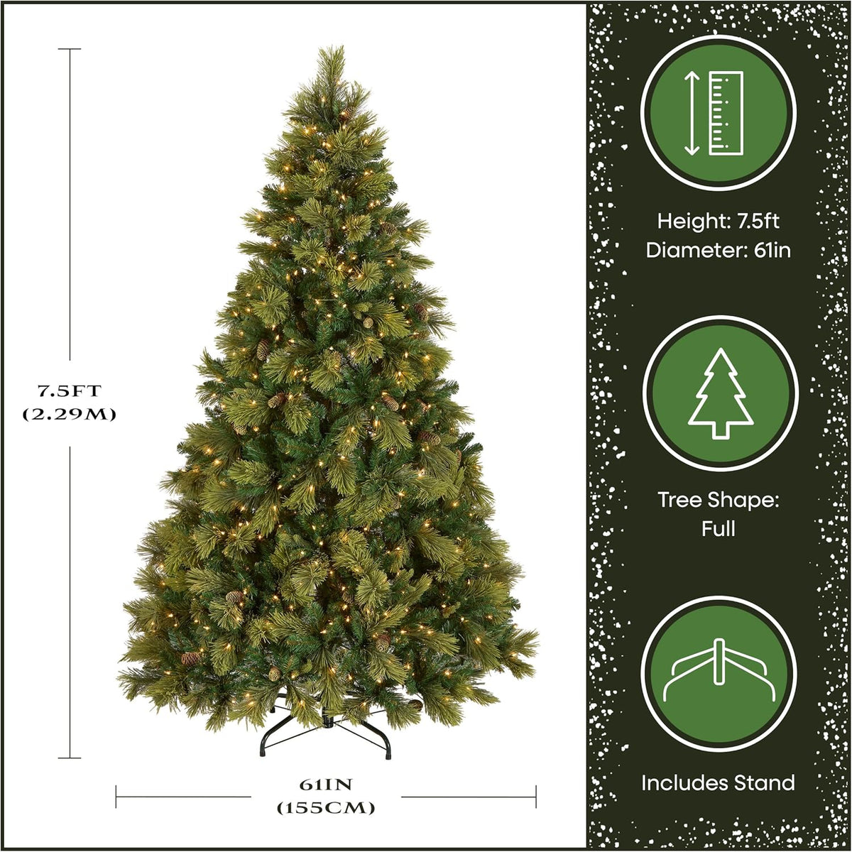 national tree company 7.5ft pre-lit carolina pine artificial showing dimensions