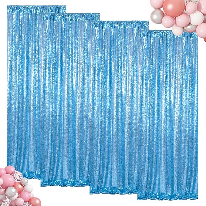 ShinyBeauty Sequin Curtains 4 Panels Baby Blue | Sparkle Photo Backdrop for Parties & Events | 2Ft x 8Ft Shimmer Fabric Background | Elegant & Durable | Perfect for Weddings & Baby Showers