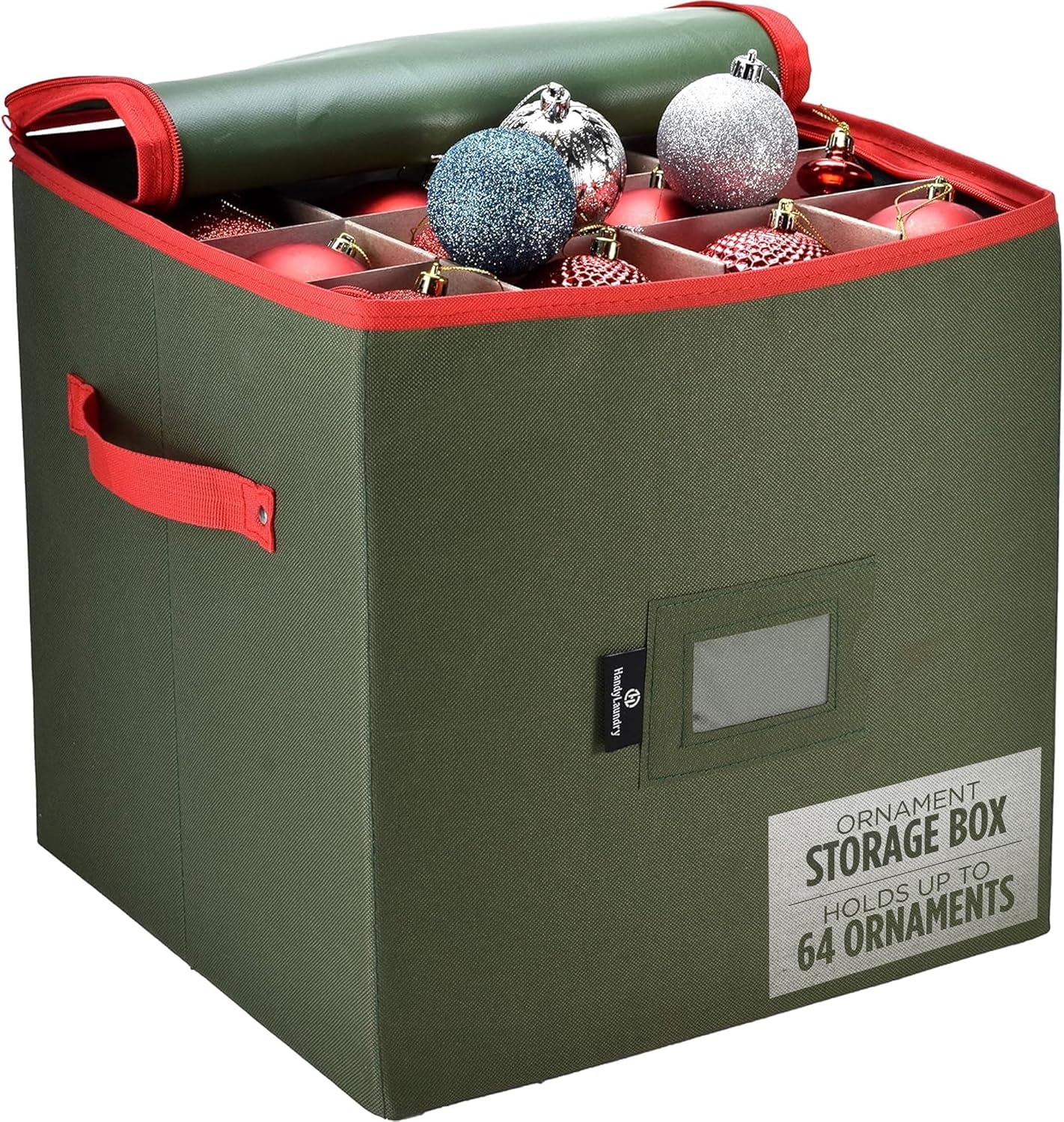 Handy Laundry, Christmas Ornament Storage, Stores up to 64 Holiday Ornament, Adjustable Dividers, Zippered Top, Two Handles Attractive Storage Box Keeps Decorations Clean & Dry for Next Season, Green