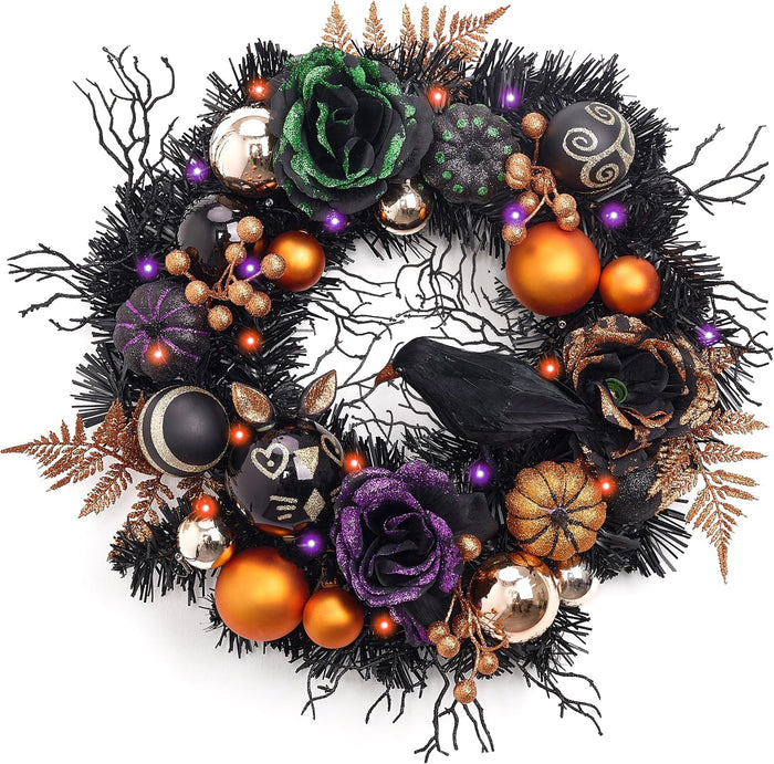 Valery Madelyn 18" Halloween Wreath with Lights for Front Door Party Decor